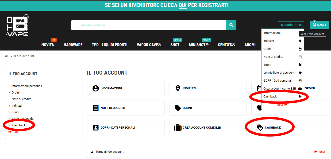 Dove trovare la sezione cashback