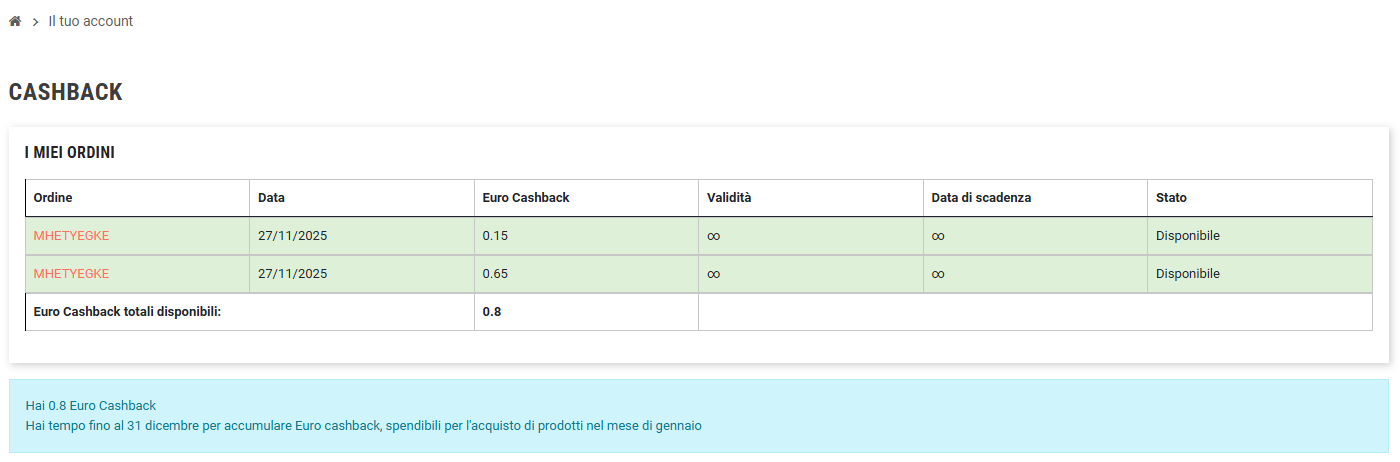riepilogo cashback generale