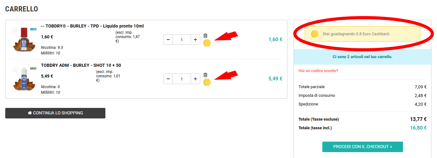 riepilogo carrello cashback